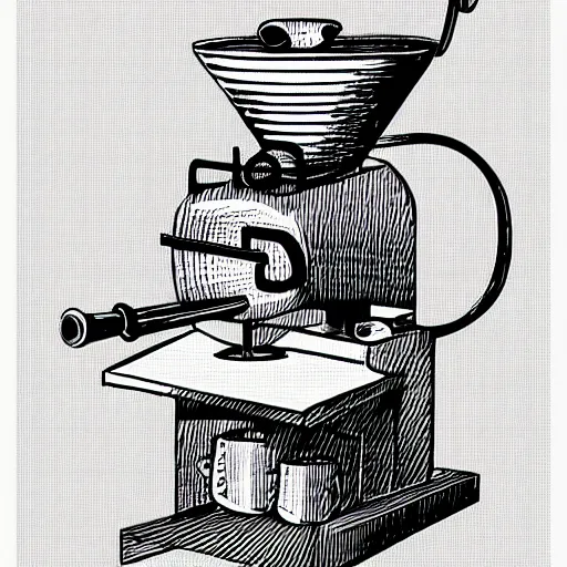 Prompt: coffee roaster machine, coffee, hand drawn, engraved vector, by alexanderpokusay