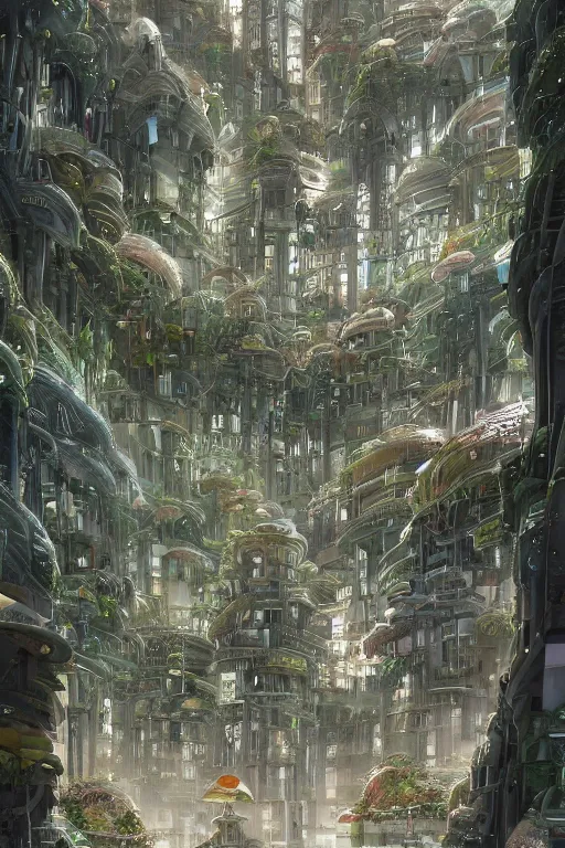 Image similar to detailed large buildings inspired by mushrooms, concept art, solarpunk, futurism