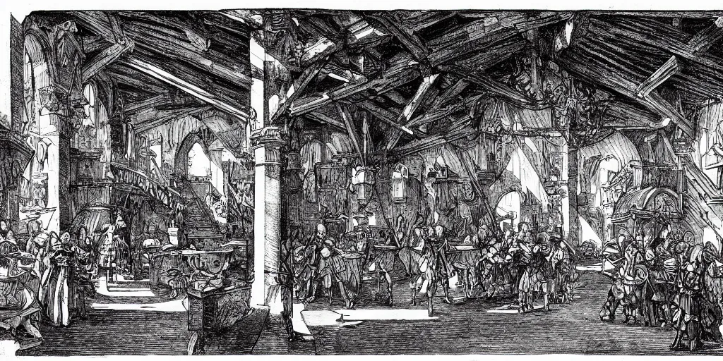 Prompt: fantasy tavern interior, d & d, art by albrecht durer and piranesi, black ink sketch, black and white, vector, vector art