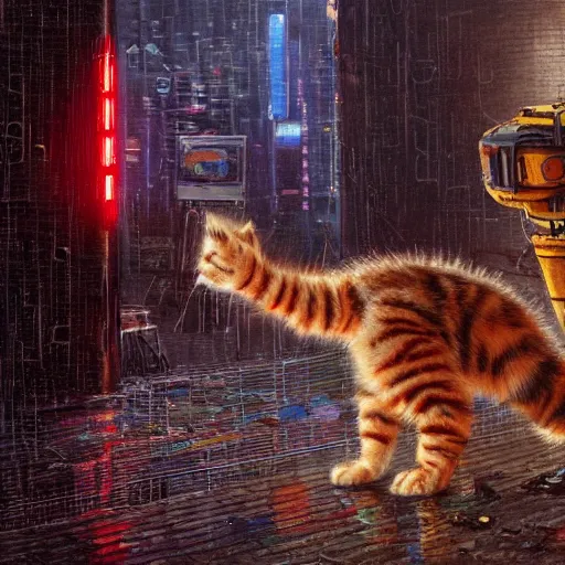 Prompt: a gritty, realistic painting of a broad-shouldered, heavy construction robot reaching down to pet a kitten, in a dark, wet cyberpunk city, by Simon Stålenhag and James Gurney