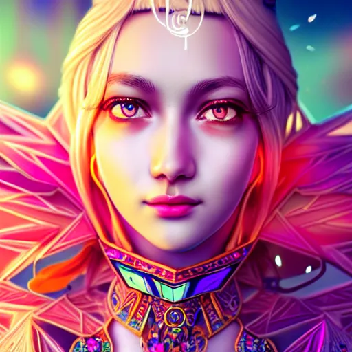 Prompt: portrait highly detailed beautiful symmetrical face high priestess intricate elegant detailed crystal jewellery with tribal feathers, lush colourful volumetric lighting, anime digital painting, concept art, smooth, sharp focus 3 d, divine realm of gods, realistic cinematic style, octane render, photographic, unreal engine 8 k