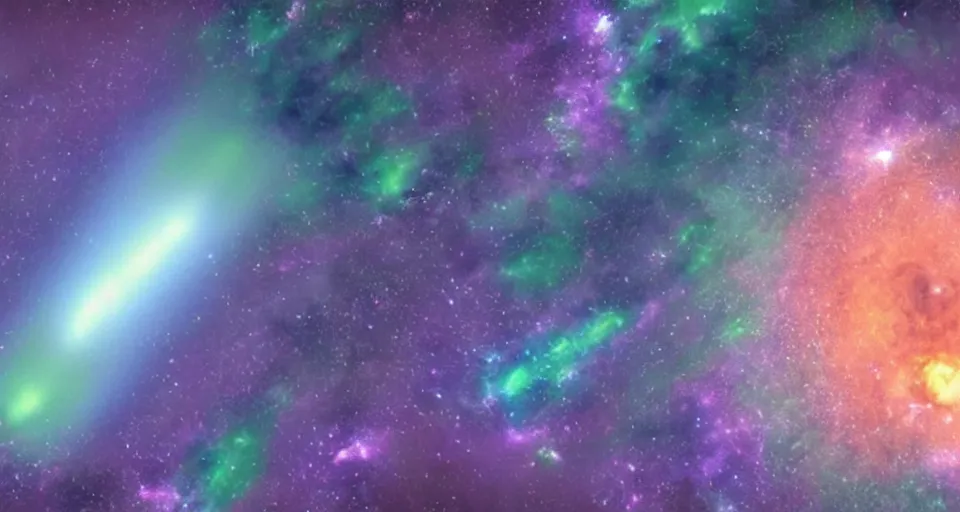 Prompt: view of the planet down below. space station pov. screenshot from the new sci - fi film directed by denis villeneuve 4 k. cinema. close orbital of a new alien world nested within an asteroid belt nebula. purple and green lightning aurora upon it's surface.