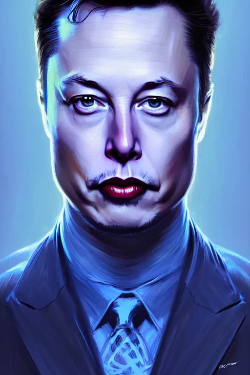 Image similar to elon musk as a blue suit spider man, realistic portrait, symmetrical, highly detailed, digital painting, artstation, concept art, smooth, sharp focus, illustration, cinematic lighting, art by artgerm and greg rutkowski and alphonse mucha