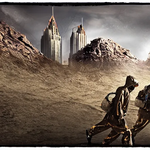 Image similar to a surreal landscape with towers in a harsh environment, two figures dressed in biohazard suits are walking, digital art