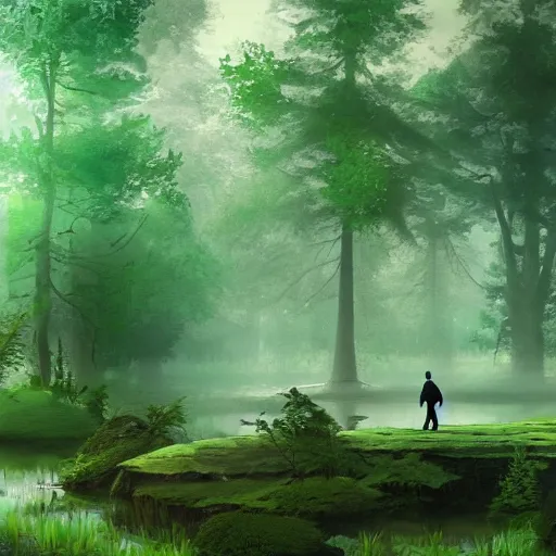 Prompt: a prince stands in a forest with a pond in the center, green color scheme, morning, artstation,