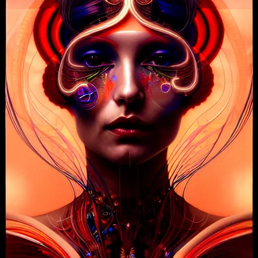 Image similar to extremely psychedelic beautiful cyborg queen of lsd infected by night. intricate, elegant, highly detailed, extremely lifelike photorealistic digital painting, artstation. steichen, gaston bussiere, tom bagshaw, cyberpunk alphonse mucha. elegant minimalism. anatomically correct. sultry. sharp focus. black, red accents. surreal lush hallucination
