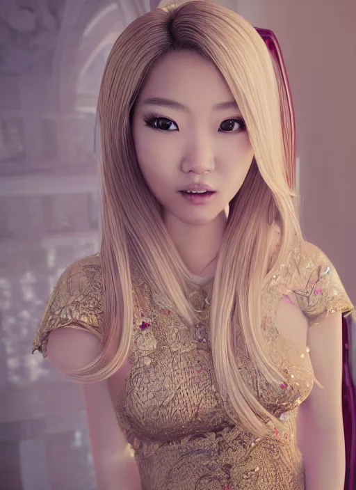 Image similar to portrait of an asian girl with blonde hair, in a fancy mansion, young cute beautiful face, wearing an expensive dress, detailed, 8 k, epic, charming, character, octane rendering, hyper - realistic