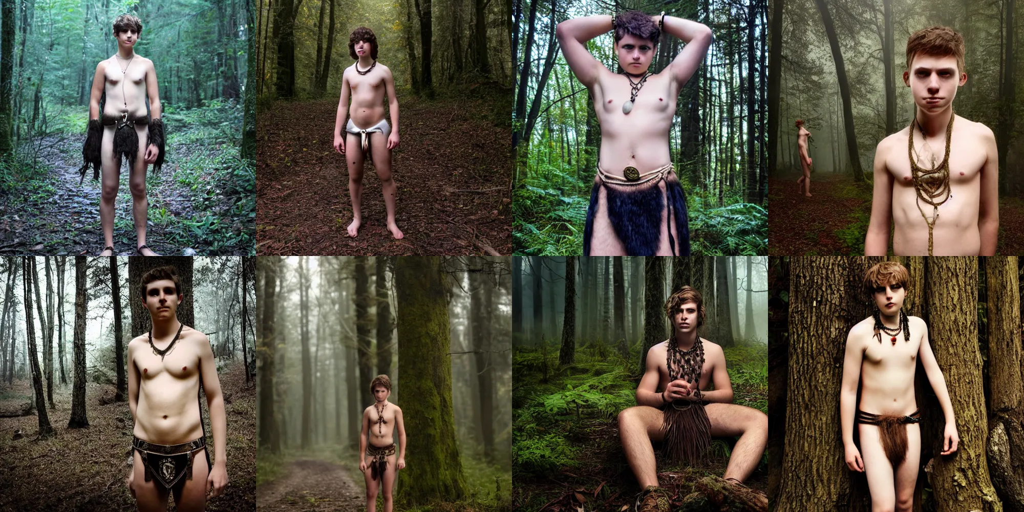 Prompt: natural short hair, award winning photo, loincloth, necklace, 1 9 yo teenage boy, ominous and eerie forest, 8 k, very accurate face