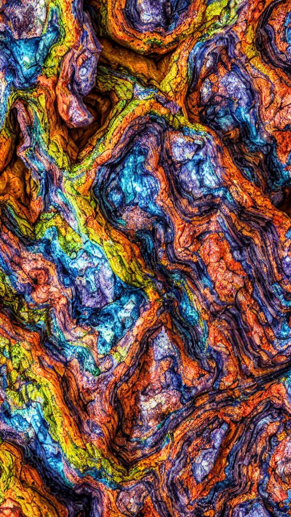 Prompt: vivid color, folded, tessellated planes of rock, alien sedimentary schematic, igneous rock, marbled veins, macro photography, 3D!!! diorama, depth of field with layers of strata, mineral grains, dramatic lighting, rock texture, sand by James jean, geology, octane render in the style of Luis García Mozos