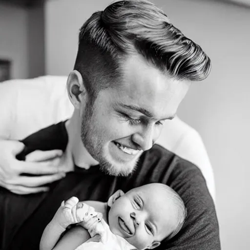 Image similar to a photo of a white man with a mid fade haircut that is happy with his 3 month year old baby boy.