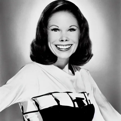 Image similar to a black and white photo of Mary Tyler Moore in her younger days while on the famous TV show she was on in the 60's.