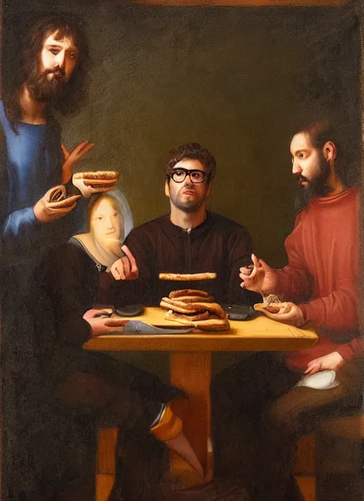 Prompt: realistic portrait of tiktoker danny mondello eating a sandwich, italian guy in a tracksuit in staten island, italian guy with glasses long brown hair and a goatee, renaissance portrait painting, greg rutkowski, beautiful light