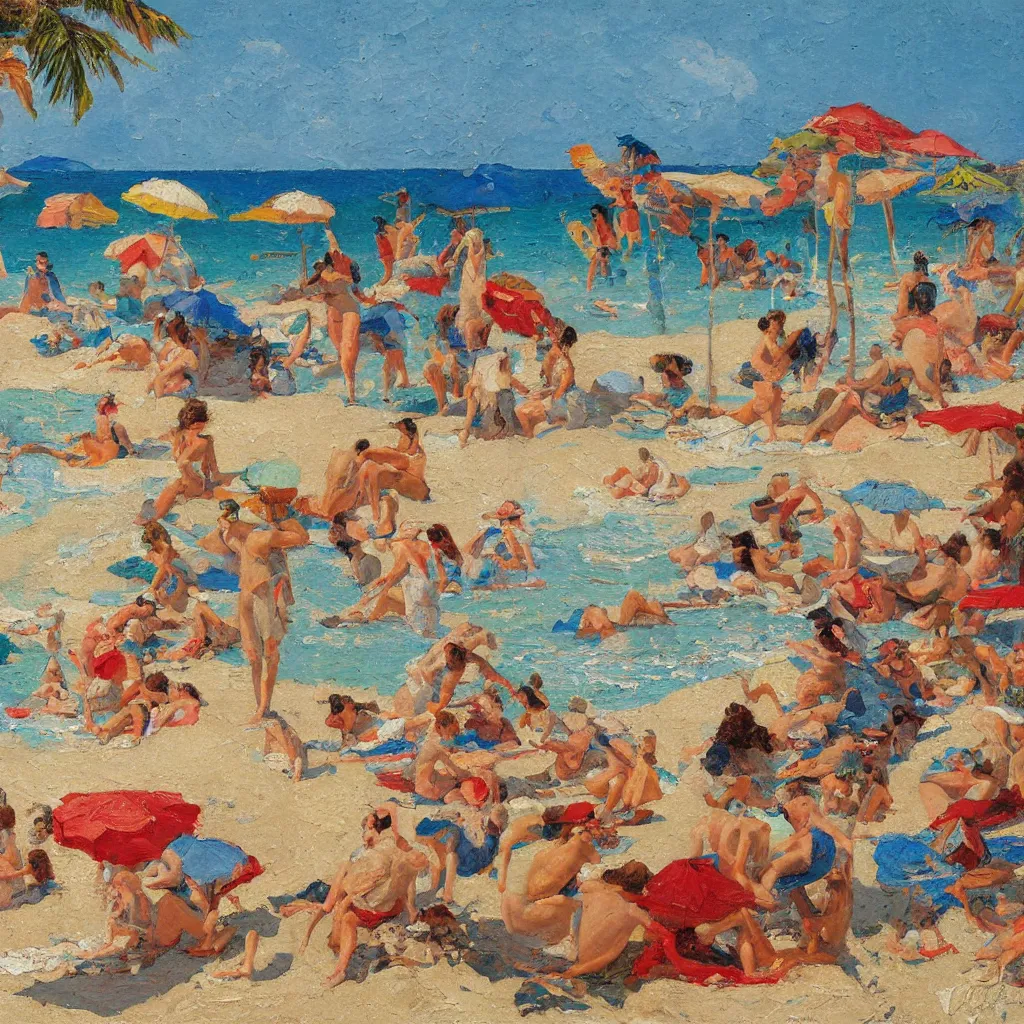 Prompt: rich and indulgent oil paint impasto reliefs, happy italian beach scene, an artwork by charles w. bartlett and jackson pollack and colin campbell cooper