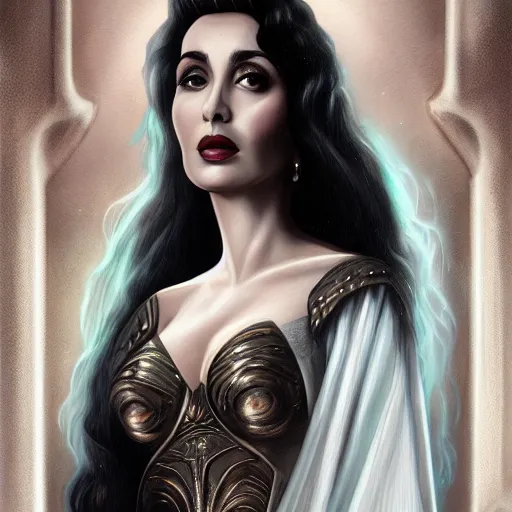 Image similar to a detailed fantasy character portrait of faten hamama as goddess of noir films by lauri blank, artgerm, evelyn de morgan, 8K, 50mm lens