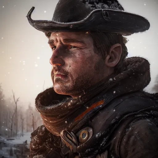 Image similar to A comic book style portrait painting of a male sheriff ranger in a a post apocalyptic winter landscape, unreal 5, DAZ, hyperrealistic, octane render, RPG portrait, ambient light, dynamic lighting