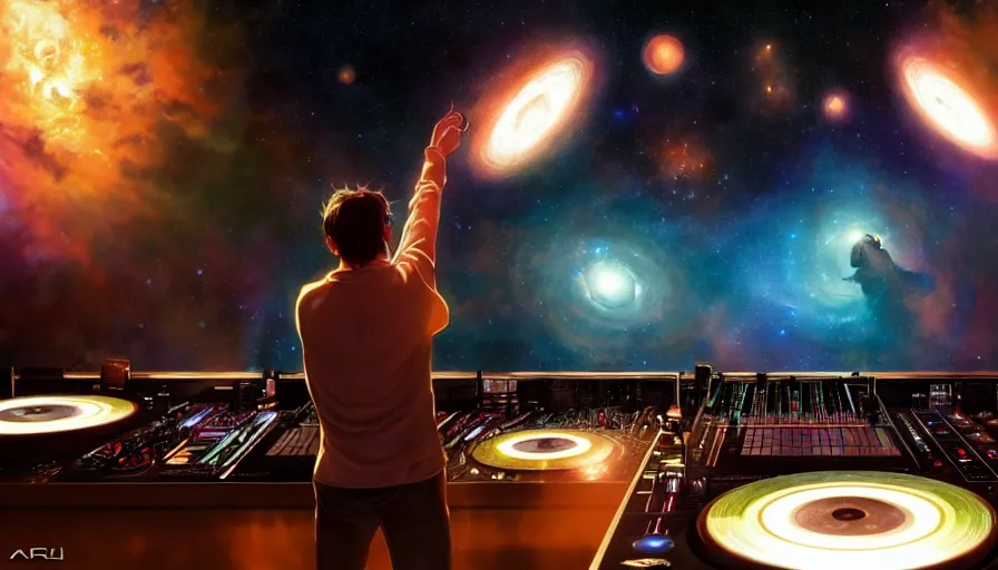 Image similar to Wide shot of a man djing under the galaxy, digital art, artstation, hyperrealistic, 4k, unreal engine, octane render, trending on artstation, art by Artgerm and Greg Rutkowski and Alphonse Mucha