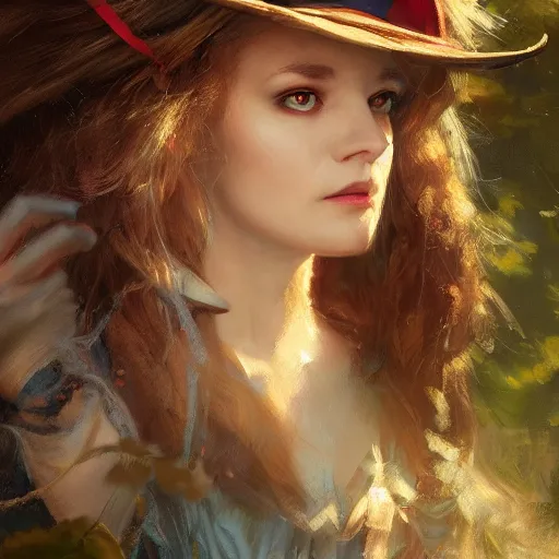 Prompt: close up portrait of alice in wonderland, magical forest, dramatic lighting, high detail, painted, by greg rutkowski, painted by stanley artgerm, trending on artstation