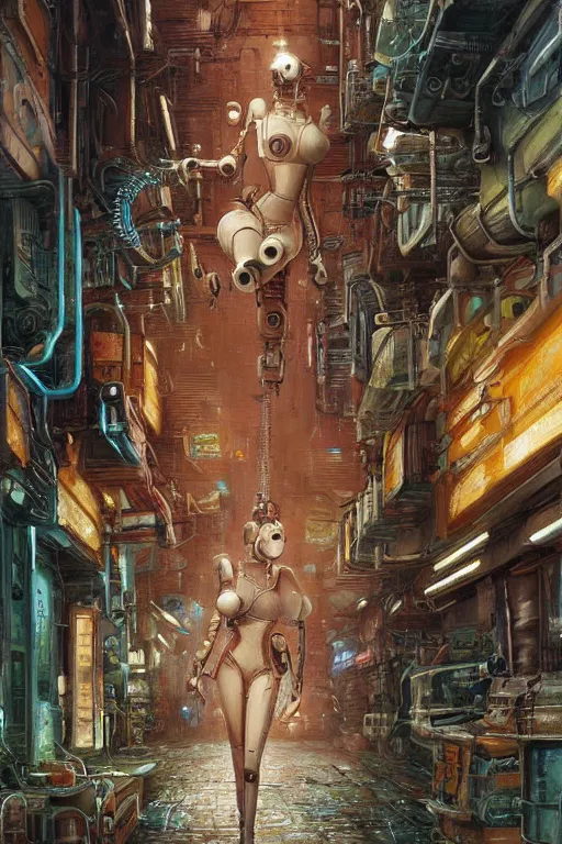 Image similar to a highly detailed retro futuristic female android with gears and other mechanical parts made out of pasta standing in a dank alleyway from blade runner, a robot made out of pasta, painting by Marc Simonetti and Julie Bell