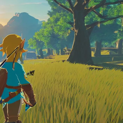 Prompt: photo of link from breath of the wild taking a walk in New York city in a park during golden hour sunlight