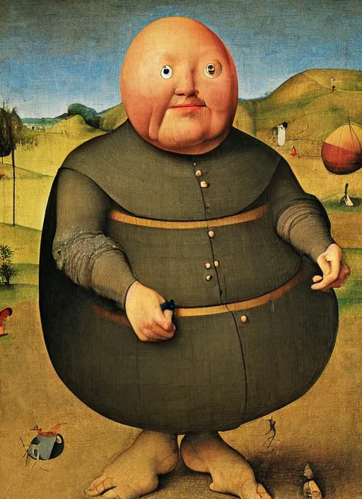 Image similar to full body detailed painting of silly round humpty dumpty with jack black facial expression, realistic, by hieronymus bosch and pieter brueghel