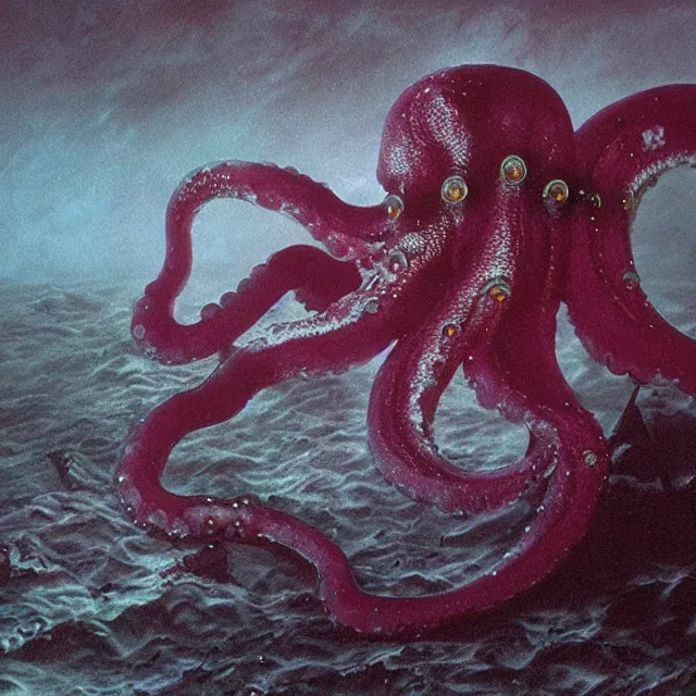 Image similar to phosphorescent skin of the tentacle squid horror, photograph created by del toro + lovecraft + realistic horrors + matte painting + dead souls