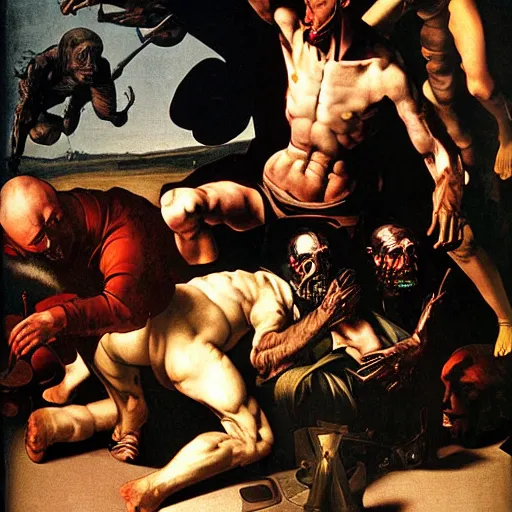 Image similar to the end of man with cyborgs apocalypse by caravaggio