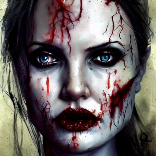 Image similar to a zombie Angelina Jolie, by WLOP, horror, wounds, bloody, dark fantasy, trending on artstation