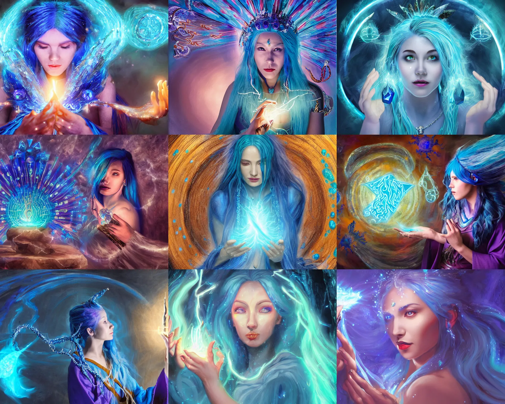 Prompt: blue haired female god casting a spell using sigils, flowing robes, cave with glowing crystals, fantasy, dramatic lighting, detailed painting, 8 k,
