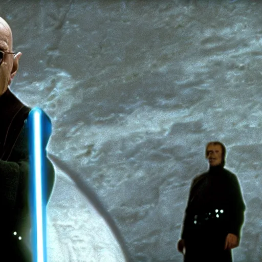 Image similar to A still of Walter White in Star Wars: A New Hope, holding an activated lightsaber