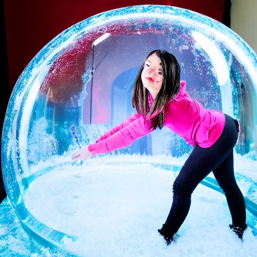 Image similar to a teenage emo girl squatting inside a giant snowglobe, editorial photography, in a photo studio