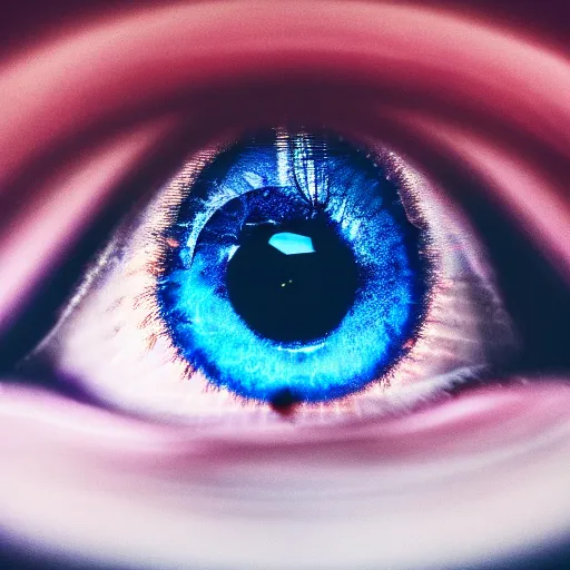Image similar to a closeup portrait of the eye of the goddess of introspection, extreme chromatic aberration, anamorphic bokeh, long exposure photography, film, distortion, highly detailed, hyperrealism, cinematic