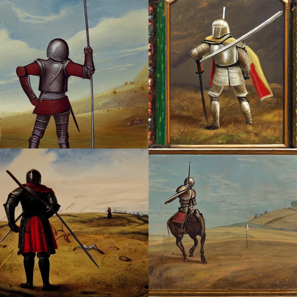 Prompt: painting of a lonely medieval knight on a battlefield, full growth from the back, high detailed