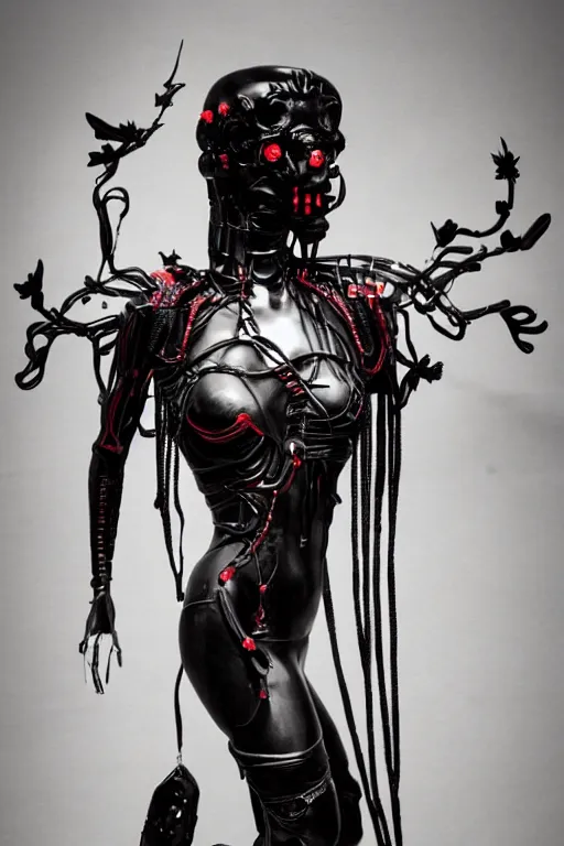 Image similar to full-body cyberpunk style sculpture of a young beautiful dark priestess, half android with a head opening exposing circuitry, glowing red eyes, black roses, flowing blood-red colored silk, fabric, candles, baroque elements, human skulls. full-length view. baroque element. intricate artwork by Caravaggio. crows flying in background. Trending on artstation. cinematic lighting from the right. hyper realism, octane render, 8k, depth of field, 3D