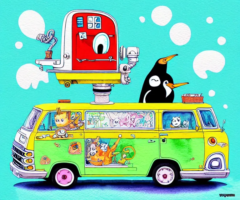 Image similar to cute and funny, penguin riding in a tiny mystery machine van with an oversized engine, ratfink style by ed roth, centered award winning watercolor pen illustration, isometric illustration by chihiro iwasaki, edited by range murata, tiny details by artgerm and watercolor girl, symmetrically isometrically centered, sharply focused