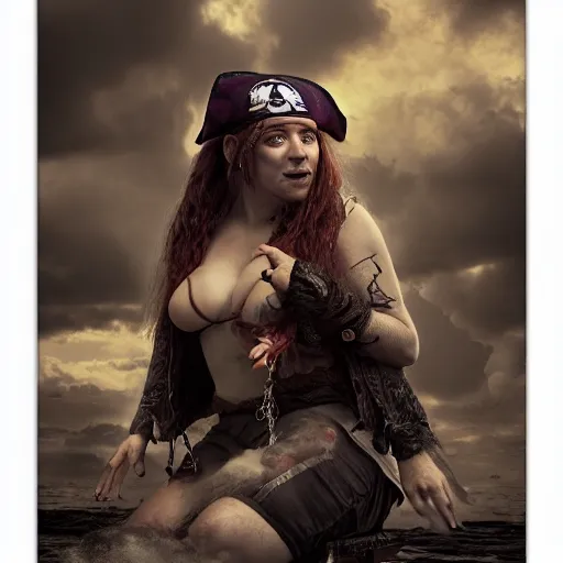 Prompt: full body pose, hyperrealistic photograph of a drunk pirate woman, dim volumetric lighting, 8 k, octane beautifully detailed render, extremely hyper detailed, intricate, epic composition, cinematic lighting, masterpiece, trending on artstation, very very detailed, stunning, hdr, smooth, sharp focus, high resolution, award, winning photo, dslr, 5 0 mm