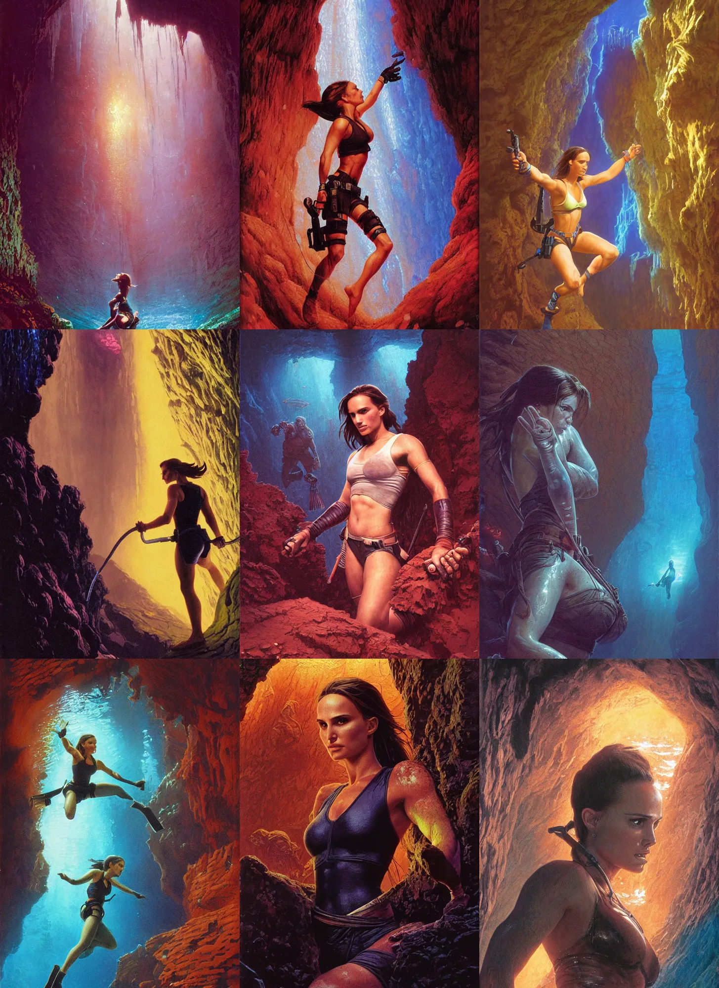 Prompt: close portrait of natalie portman as a muscled tomb raider diving into cold dark cave water, bright colors, biotechnology, cave glowing stones, epic composition, donato giancola, tim hildebrandt, wayne barlow, bruce pennington, larry elmore