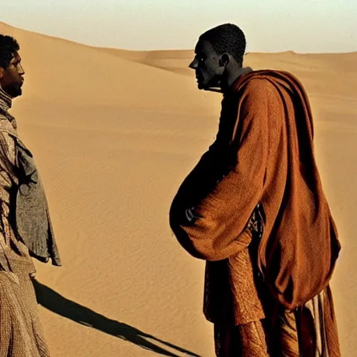 Prompt: a sand wraith talking with a handsome tuareg, movie still amazing