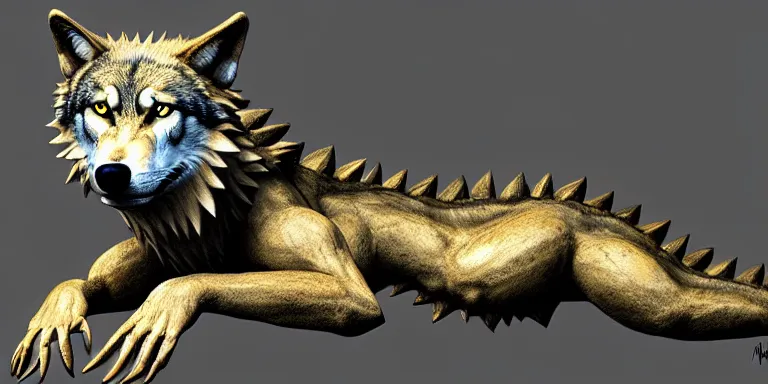 Image similar to chimera made of a wolf and a crocodile, wolf head, awarded on pixiv, ultra realism, fantasy, trending on deviantart, realistic wood swamp, professional photoshop artwork