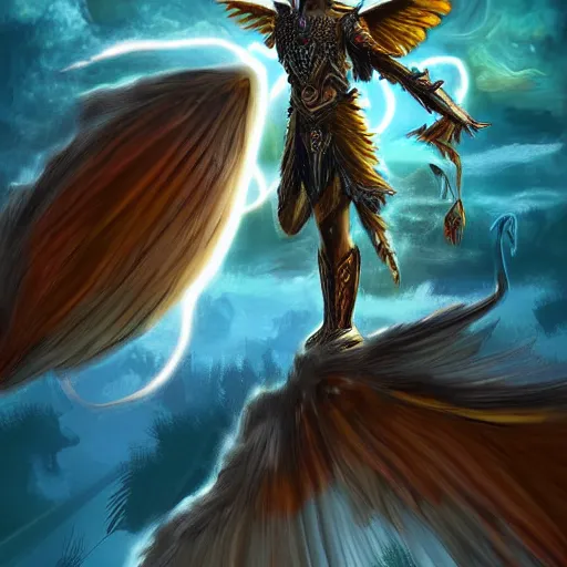 Image similar to a winged fantasy warrior flying through a magical realm, digital painting, male