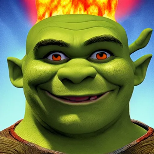 Image similar to shrek in hell, ominous, horror, flames, fire