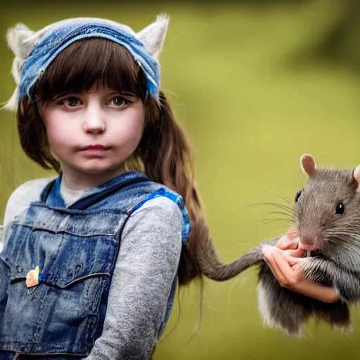 Prompt: little girl, cosplaying as ratcatcher 2, she holds a cute rat, photo taken on a Nikon, 4k