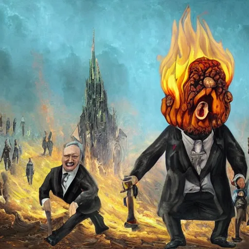 Image similar to a high quality apocalyptic painting of brussels burning in fire while olli rehn cries and viktor orban laughs maniacally in style of salvador dali, trending on artstation