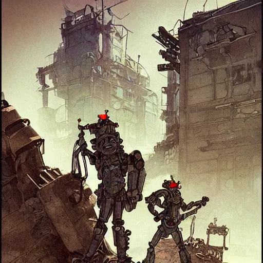 Prompt: two robot ghostbusters walking in a post apocalyptic neighborhood covered in sand, ruined subdivision houses, Sci Fi, intricate, elegant, highly detailed, digital painting, artstation, concept art, matte, sharp focus, illustration, art by Arthur Rackham and Alphonse Mucha