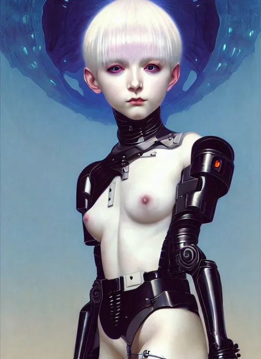 Prompt: portrait of beautiful cute young goth balenciaga military maiden cyborg girl with white hair in warhammer armor, art by ( ( ( kuvshinov ilya ) ) ) and wayne barlowe and gustav klimt and artgerm and wlop and william - adolphe bouguereau