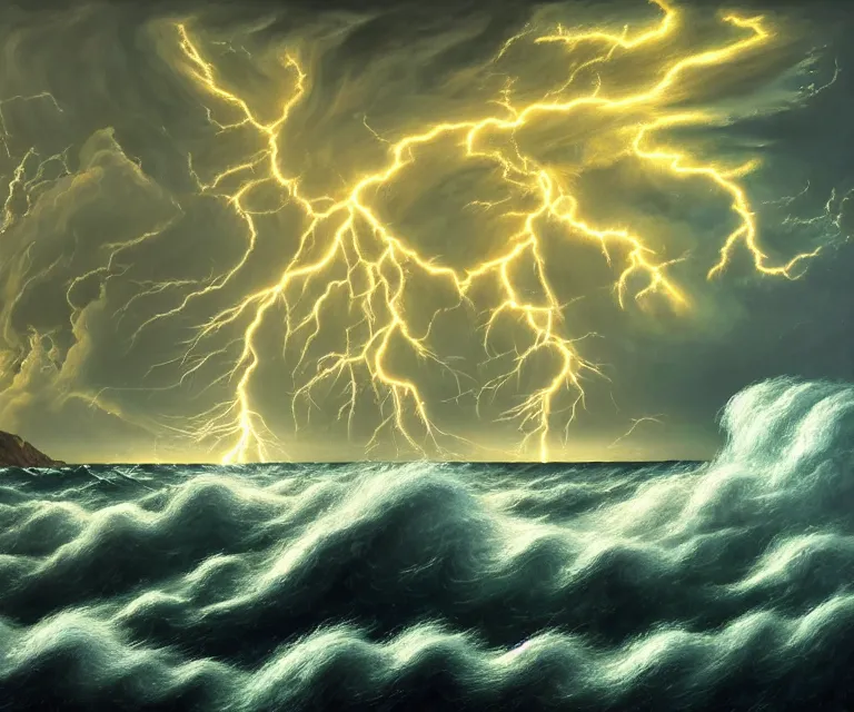 Prompt: hyper detailed 3d render like a Oil painting - greek god poseiden standing tall on the shore of a roiling stormy ocean, golden trident raised overhead, lightning storm in background, anger + wrath, by Jacek Yerka, Mariusz Lewandowski, Houdini algorithmic generative render, Abstract brush strokes, Masterpiece, Edward Hopper and James Gilleard, Zdzislaw Beksinski, Mark Ryden, Wolfgang Lettl, hints of Yayoi Kasuma, octane render, 8k