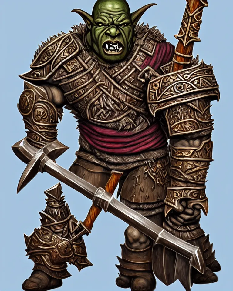 Prompt: a portrait of an orc warrior holding a metal battle axe with an intricate wooden carved hilt, in the style of riot games arcane