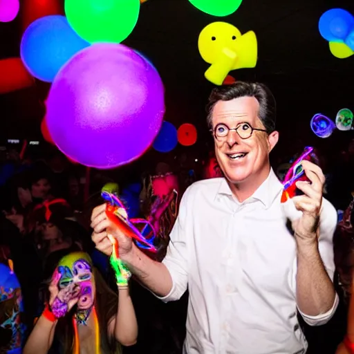 Image similar to stephen colbert at a rave, with a pacifier and glow sticks