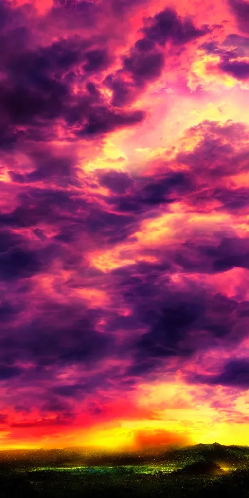 Prompt: a cloudy sky with iridiscent clouds, beautiful, sunset, illustration, ultra high detail, mystical, wallpaper.