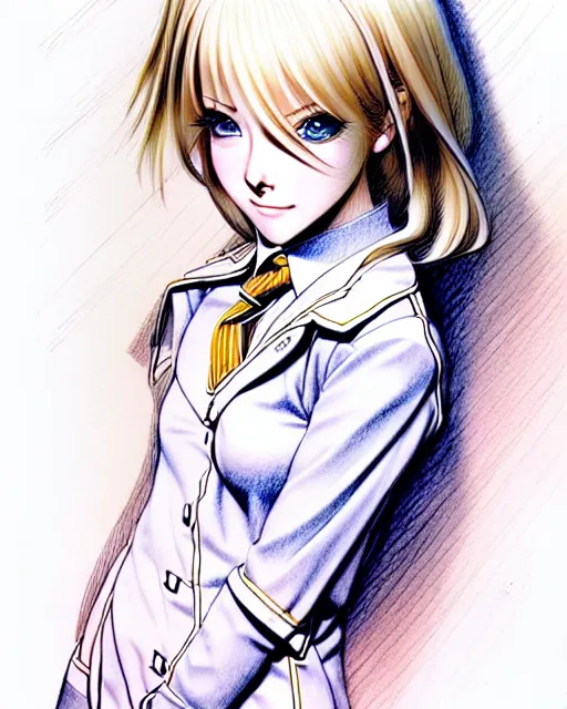 Prompt: young female prep school student with medium length bright blonde hair and pale skin, in an old study room, complex artistic color ink pen sketch illustration, subtle detailing, artwork by Artgerm and Range Murata.