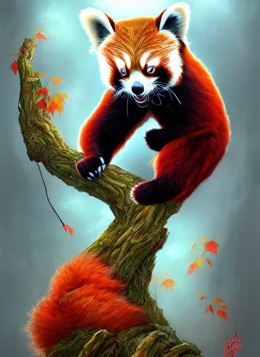 Image similar to red panda, fantasy, surreal, highly detailed, digital painting, artstation, concept art, illustration, art by patrick james woodroffe